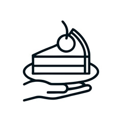 Vector illustration of a piece of cake on a plate with a cherry on top in linear style, for use in cafe and restaurant menus, as a design element for culinary websites and apps