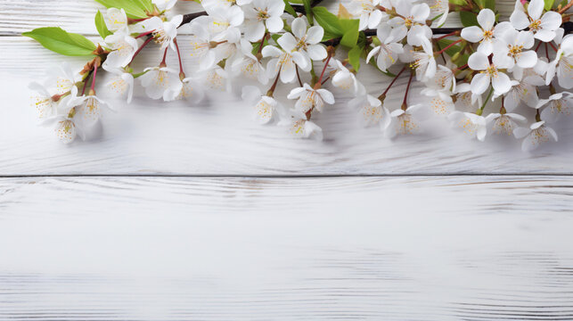 白い桜桃の花のフレーム、さくらんぼの花と白木の背景