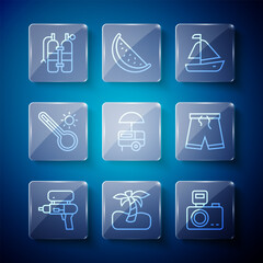 Set line Water gun, Tropical palm tree, Photo camera with flash, Yacht sailboat, Fast street food cart, Meteorology thermometer, Aqualung and Swimming trunks icon. Vector