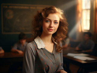 Pretty student girl in dress standing by a black school board. Beauty, fashion. Education, college.