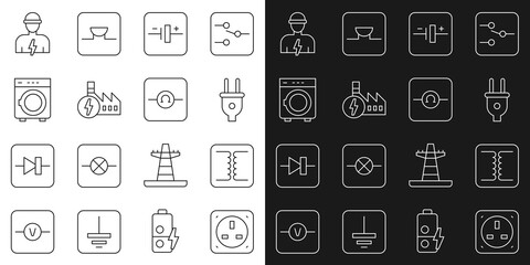 Set line Electrical outlet, transformer, plug, DC voltage source, Nuclear power plant, Washer, Electrician and Ohmmeter icon. Vector