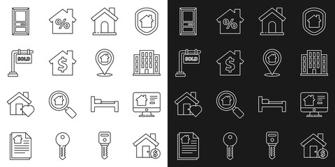 Set line House with dollar symbol, Online real estate house, Hanging sign Sold, Closed door and Location icon. Vector
