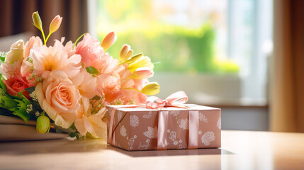ピンクのバラの花束とプレゼント、余白・コピースペースのある背景 - obrazy, fototapety, plakaty