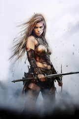 Obraz premium Beautiful blonde warrior girl in style of combat fantasy. Pencil and watercolor drawing