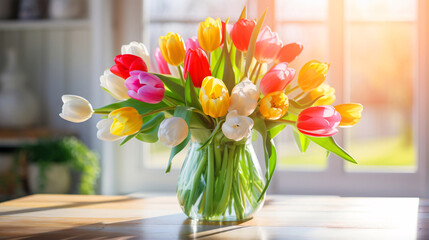 チューリップの花束、春のカラフルな花瓶の花