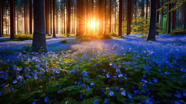 森に差す太陽の光と青い花が咲く野草の風景