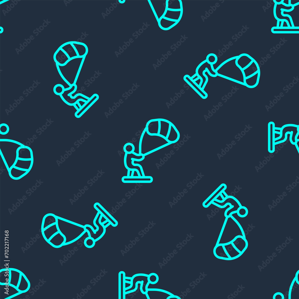 Wall mural green line kitesurfing icon isolated seamless pattern on blue background. vector