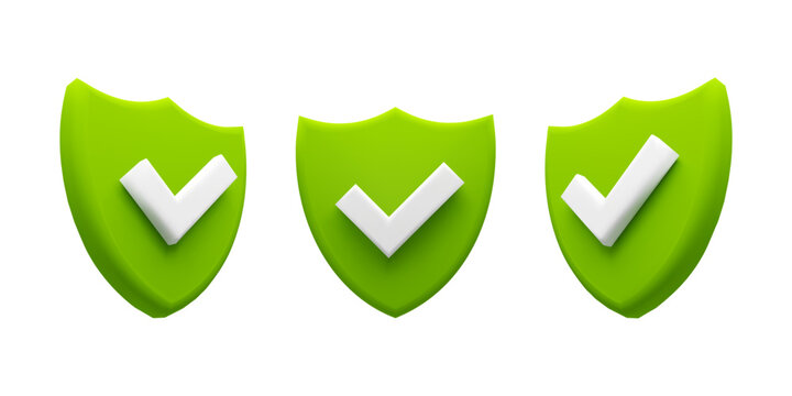 Set of Green Shield with White Checkmark, Symbolizing Security, Protection, and Verification