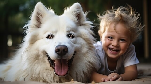 A joyful young boy lying next to his cheerful Shetland Sheepdog, both looking at the camera with bright smiles.