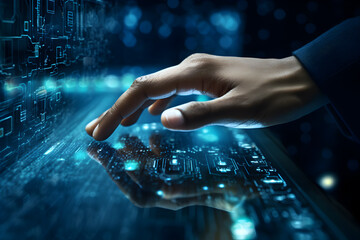 Close up of human hand touching icon on media screen. Mixed media