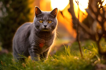 Naklejka na ściany i meble British Shorthair cat walking in the garden at sunset. Beautiful pet portrait.