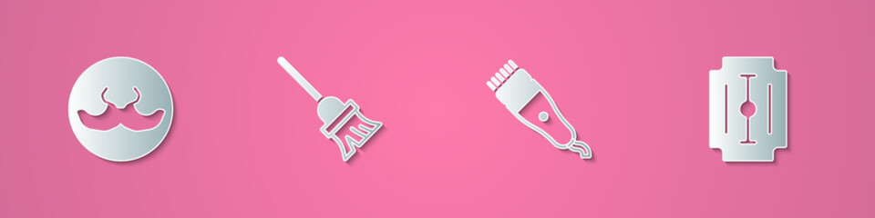 Set paper cut Mustache, Mop, Electrical hair clipper and Blade razor icon. Paper art style. Vector