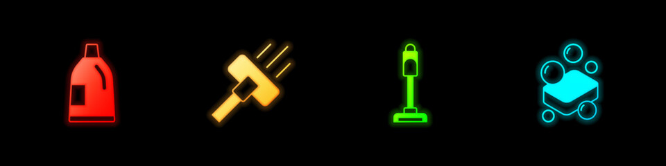 Set Bottle for cleaning agent, Vacuum cleaner,  and Bar of soap icon. Vector