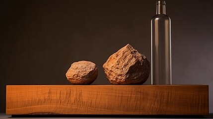 In the distinctive style of Afra Tobia Scarpa, envision a still life composition featuring stones arranged with a minimalistic approach. The use of cognac and travertine tones contributes to the subtl
