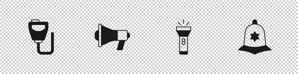 Set Walkie talkie, Megaphone, Flashlight and British police helmet icon. Vector