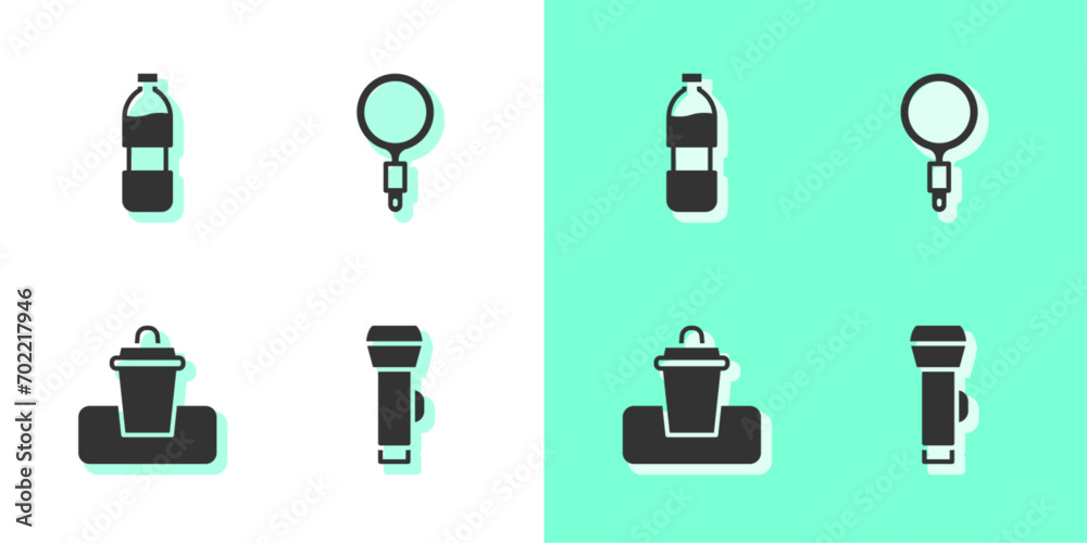 Sticker set flashlight, bottle of water, trash can and magnifying glass icon. vector