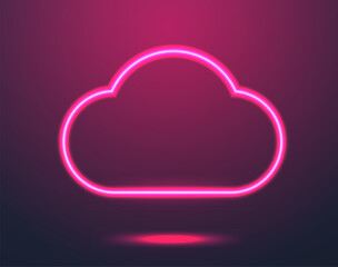 Pink neon cloud icon. Line glowing storage symbol on dark background