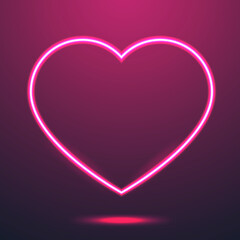 Pink neon heart icon. Line glowing love symbol on dark background