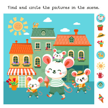 Find hidden objects in picture. Educational puzzle game for children Cute cartoon stylised mice in city eating ice cream. Scene for design of children's cards, books. Vector illustration. 