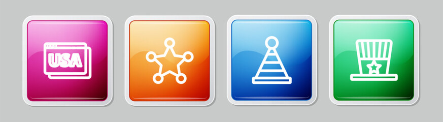 Obraz premium Set line USA on browser, Hexagram sheriff, Party hat and Patriotic American top. Colorful square button. Vector