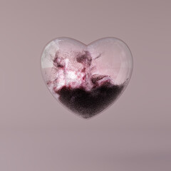 glass heart filled with a stream of red pink burning glowing particles, minimalistic card for Valentine's Day