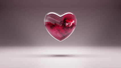 glass heart filled with a stream of red pink burning glowing particles, minimalistic card for Valentine's Day