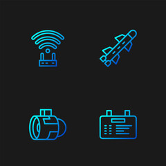 Set line Airport board, Jet engine turbine, Router and wi-fi signal and Rocket. Gradient color icons. Vector