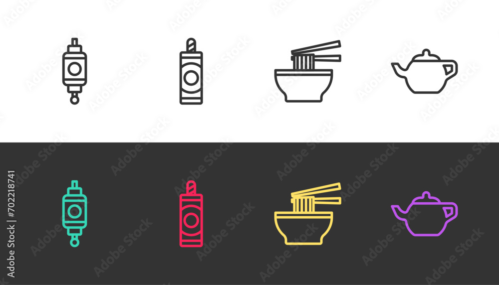 Poster Set line Chinese paper lantern, Firework, Asian noodles bowl and tea ceremony on black and white. Vector