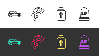 Set line Hearse car, Tear cry eye, Funeral urn and Tombstone with RIP written on black and white. Vector