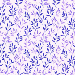 Naklejka premium Elegance tine leaves branches seamless pattern. Vector hand drawn sketch. Creative stylized stems leaf print. Purple blue botanical floral on a light background. Design for fashion, fabric, wallpaper