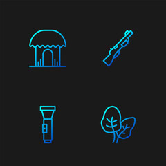 Set line Tropical leaves, Flashlight, African hut and Hunting gun. Gradient color icons. Vector