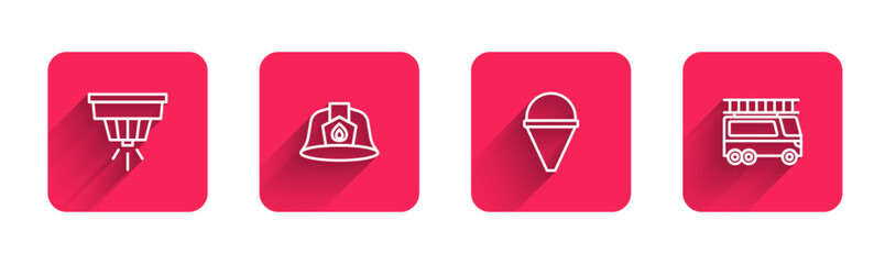 Set line Smoke alarm system, Firefighter helmet, cone bucket and truck with long shadow. Red square button. Vector