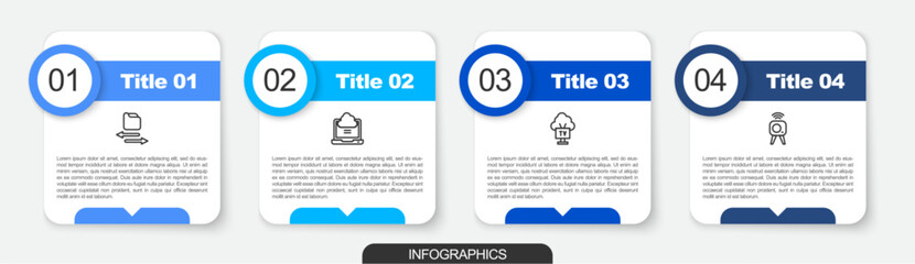 Obraz premium Set line Transfer files, Network cloud connection, Smart Tv and Web camera. Business infographic template. Vector