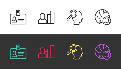 Set line Identification badge, Productive human, Magnifying glass for search job and Globe and people on black and white. Vector