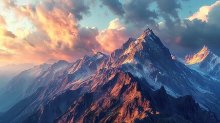 Sunset over snow-capped mountain peaks and valley with pine trees - obrazy, fototapety, plakaty