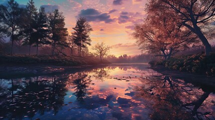 Sunset Reflection on Tranquil Lake Surrounded by Autumn Trees