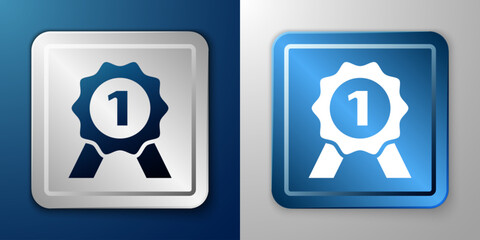White Medal icon isolated on blue and grey background. Winner symbol. Silver and blue square button. Vector