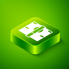 Isometric Stacks paper money cash icon isolated on green background. Money banknotes stacks. Bill currency. Green square button. Vector