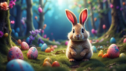 An Easter bunny at Easter in the dark forest.