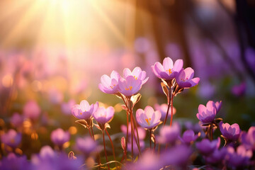Against the sun, field of spring crocuses flowers, backlight, beautiful background - obrazy, fototapety, plakaty