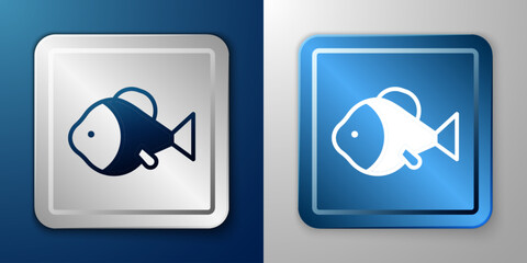 White Fish icon isolated on blue and grey background. Silver and blue square button. Vector