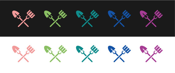 Set Shovel and rake icon isolated on black and white background. Tool for horticulture, agriculture, gardening, farming. Ground cultivator.  Vector