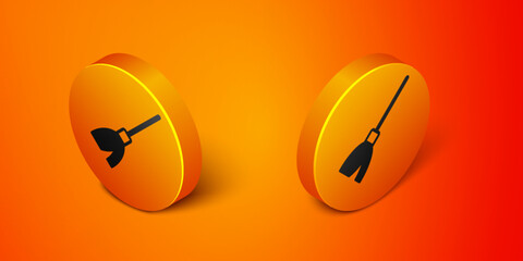 Isometric Handle broom icon isolated on orange background. Cleaning service concept. Orange circle button. Vector