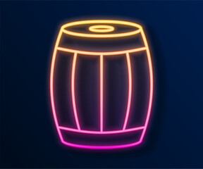 Glowing neon line Wooden barrel icon isolated on black background. Alcohol barrel, drink container, wooden keg for beer, whiskey, wine.  Vector