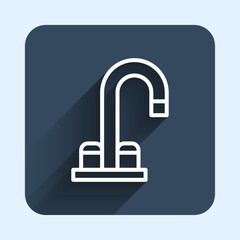 White line Water tap icon isolated with long shadow background. Blue square button. Vector