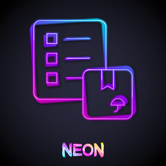 Glowing neon line Verification of delivery list clipboard icon isolated on black background.  Vector