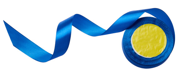 A spool with a blue silk ribbon on a white isolated background