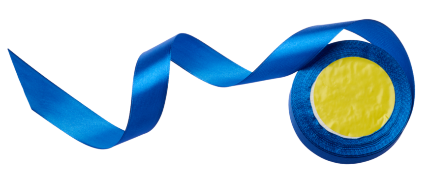 A spool with a blue silk ribbon on a white isolated background