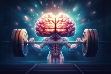 Human brain is lifting a heavy dumbbell, better brain memory concept. Generative Ai. - obrazy, fototapety, plakaty