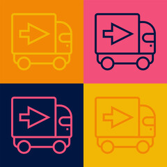 Pop art line Delivery cargo truck vehicle icon isolated on color background.  Vector